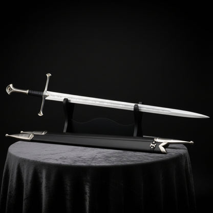 Full view of Narsil Sword with premium leather-wrapped wooden scabbard