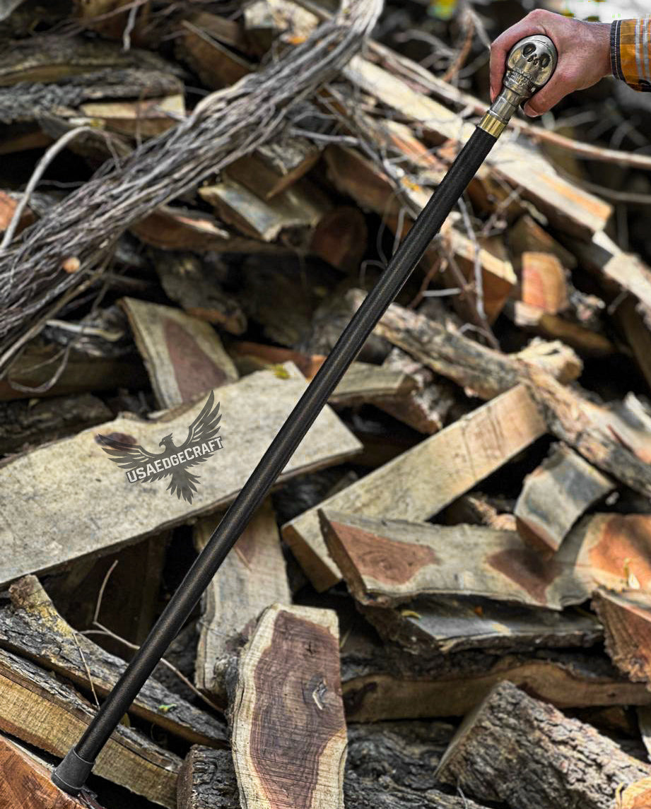 Hand-forged skull face sword cane with concealed high carbon steel blade and antique silver handle