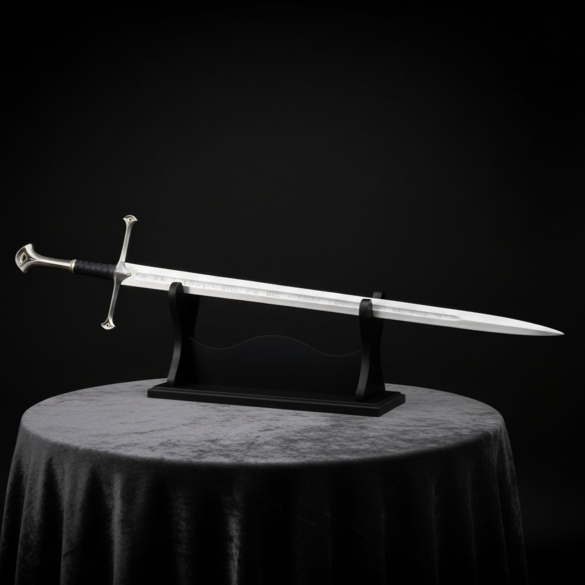 Display of Lord of the Rings Narsil Sword on wooden stand for collectors