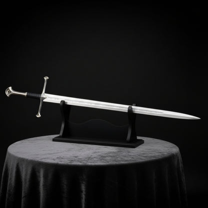 Display of Lord of the Rings Narsil Sword on wooden stand for collectors