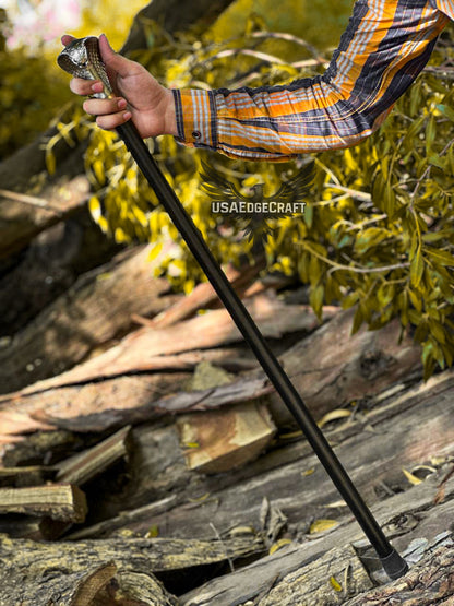 Real handmade snake head sword cane featuring sharp stainless blade and luxury handcrafted details
