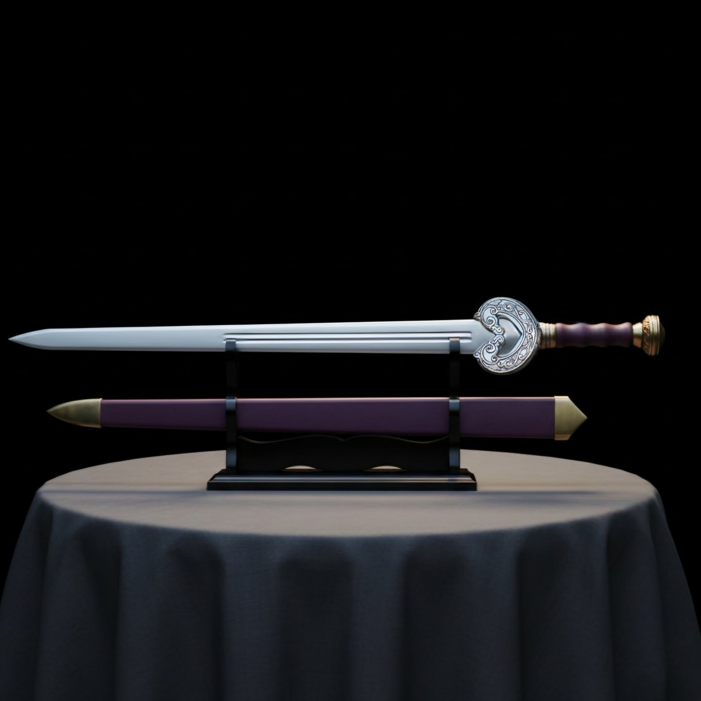 Close-up of Theoden Sword replica from Lord of the Rings, showcasing detailed hilt design and polished stainless steel blade.