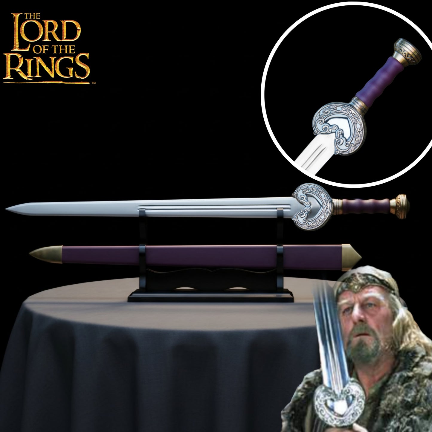 Theoden Sword replica inspired by Lord of the Rings, stainless steel collectible with leather scabbard.