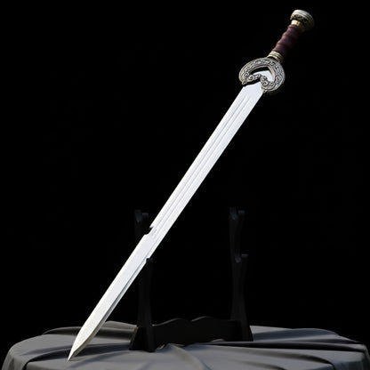 Handcrafted Theoden Sword featuring stainless steel blade and premium leather-wrapped wooden scabbard.