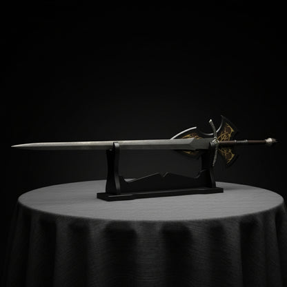 Detailed close-up of the Witch King Nazgûl Sword, handcrafted for collectors and medieval display.