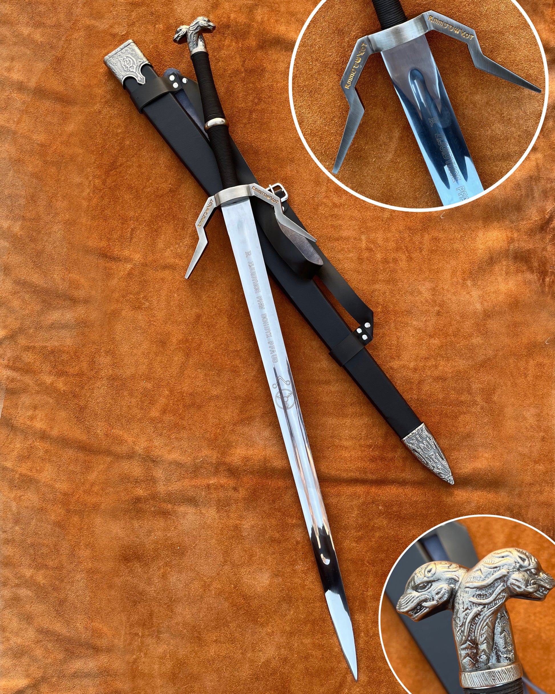 Authentic Witcher Sword Replica inspired by Geralt of Rivia, stainless steel blade with leather-wrapped scabbard