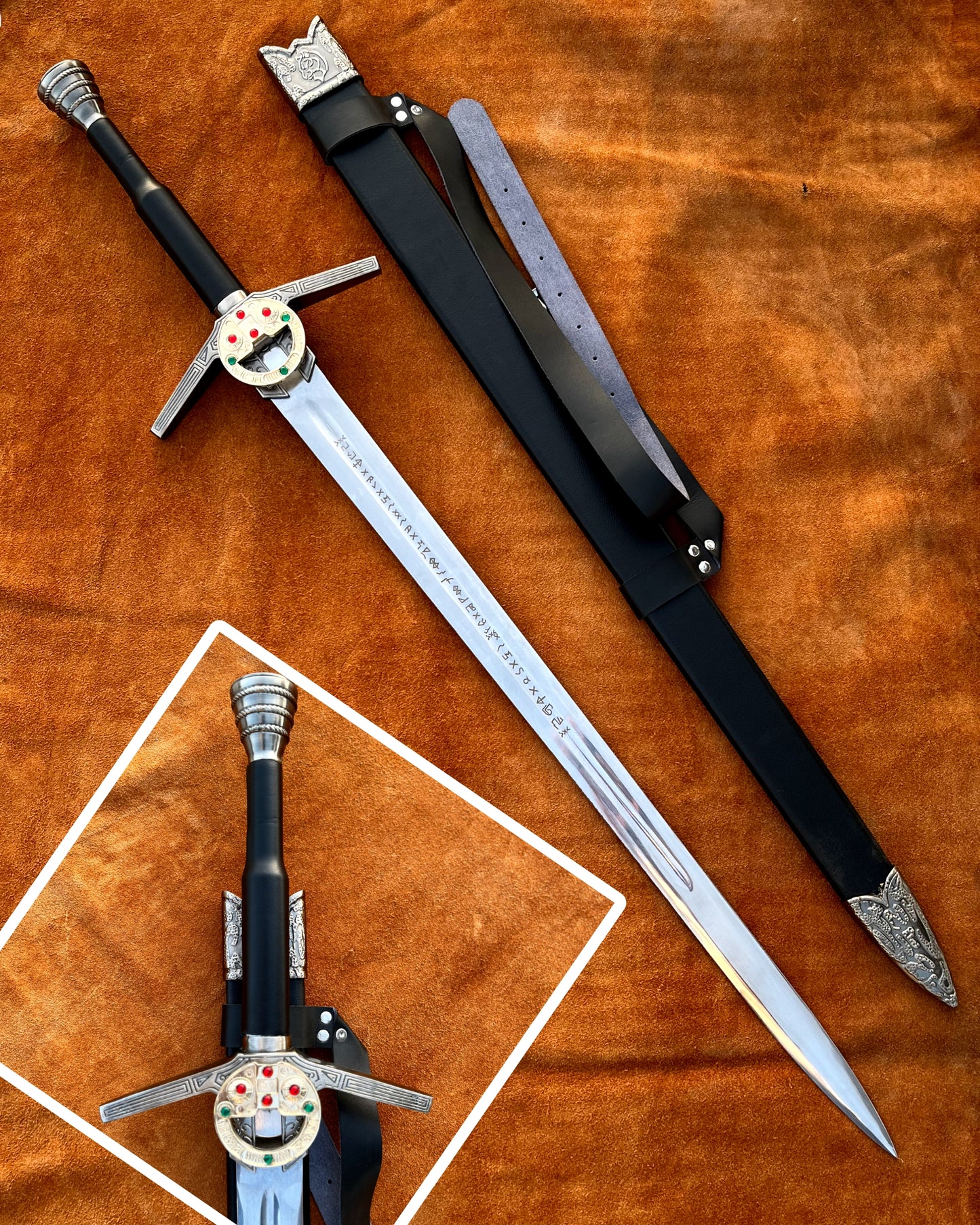 Complete Witcher sword set featuring Geralt’s iconic Steel and Silver Swords, premium replicas for collectors and fans