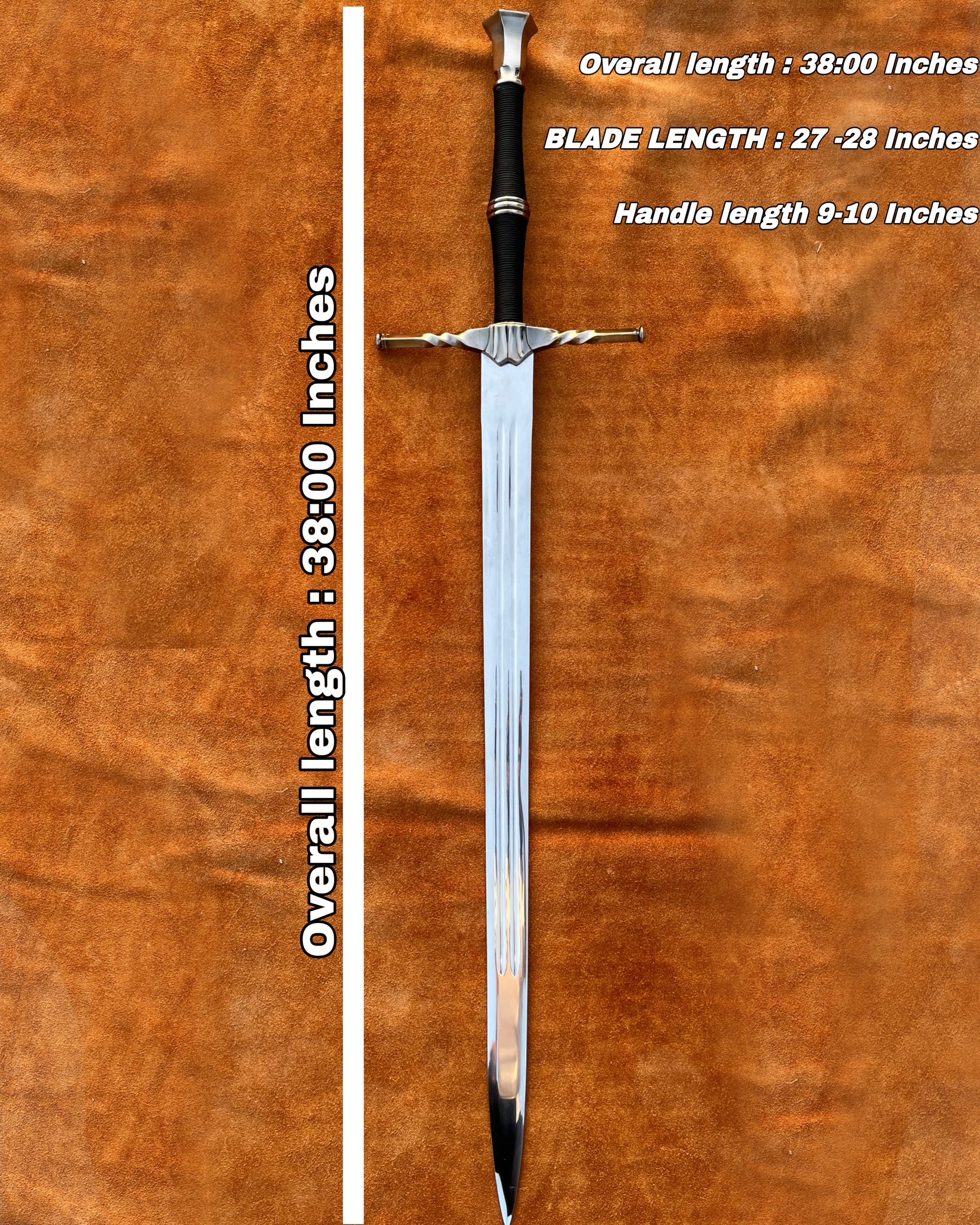 Close-up of Witcher sword handle featuring Wolf Medallion design, authentic detailing and polished craftsmanship