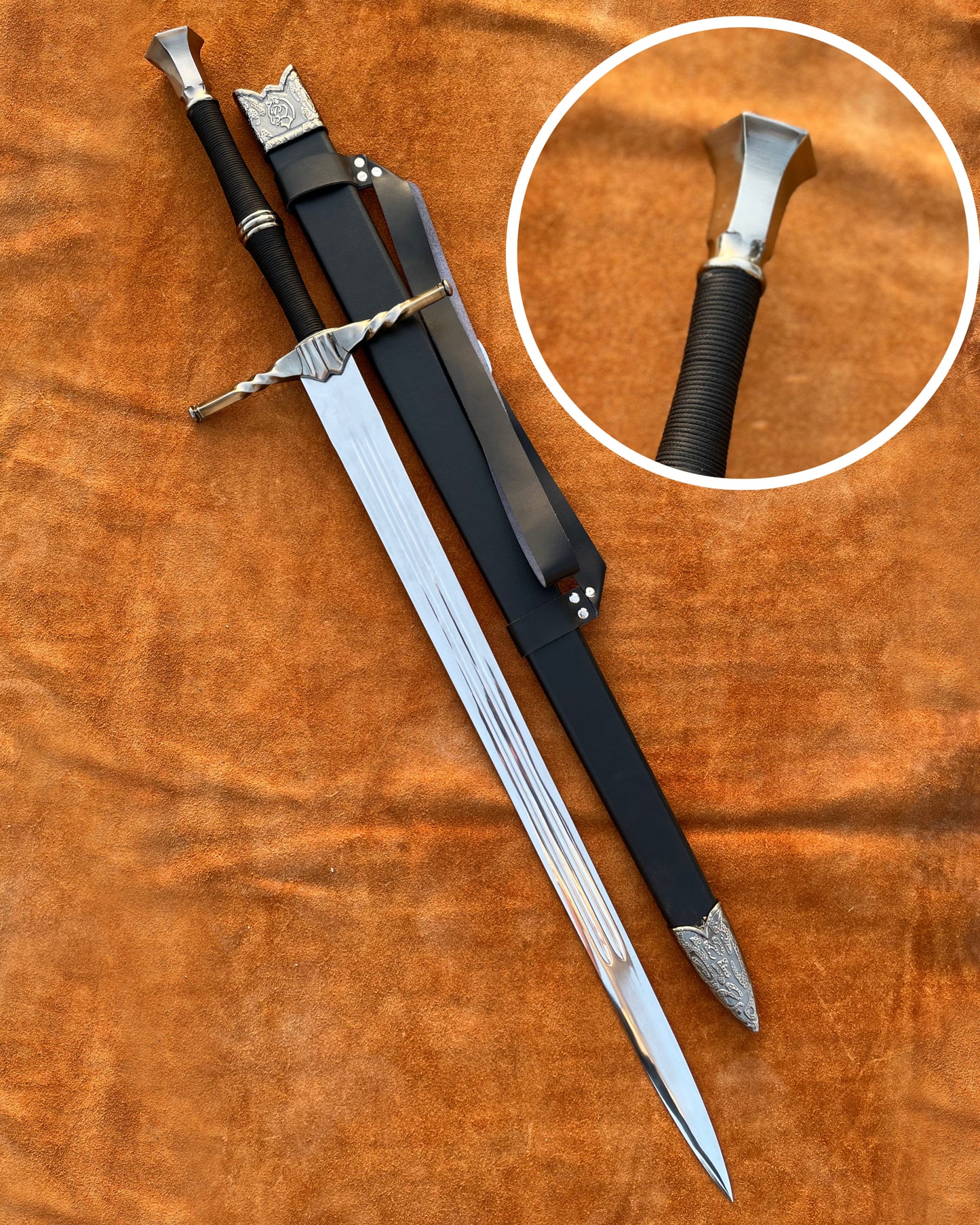 The Witcher Wolf Medallion Sword replica inspired by Geralt of Rivia, detailed stainless steel blade with engraved wolf insignia